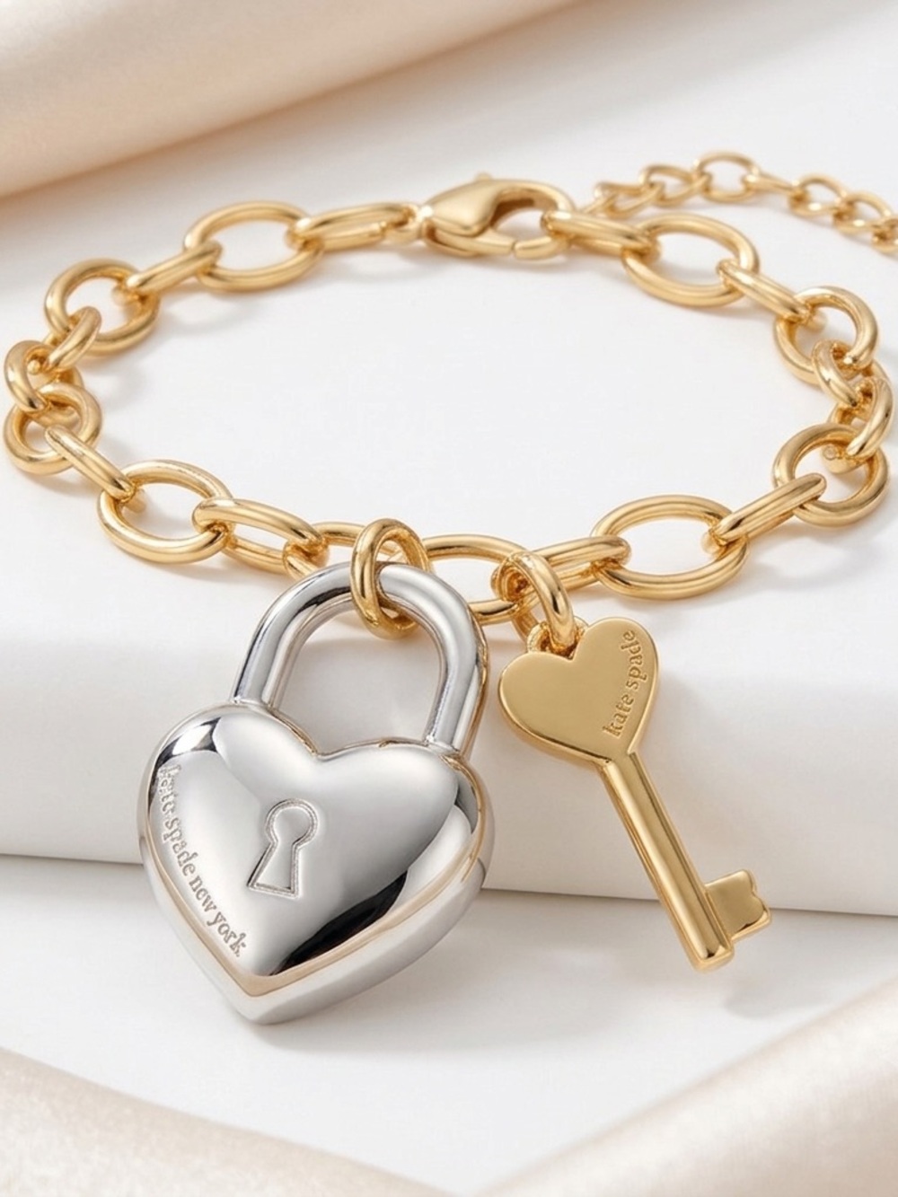 Kate Spade Heart You Charm Bracelet Gold Bracelet with Silver Heart Lock NEW